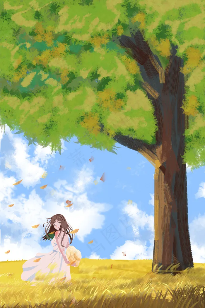 夏景小满治愈手绘唯美夏天春天少女场景风景