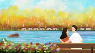 情侣背影温馨一起看风景油画