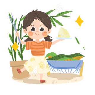 端午节卡通女孩吃粽子PNG素材