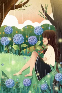 小清新谷雨节气女孩与绣球