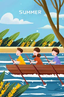 夏日小暑大家一起划船场景