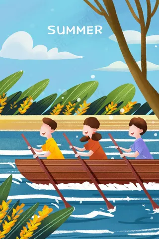 夏日小暑大家一起划船场景