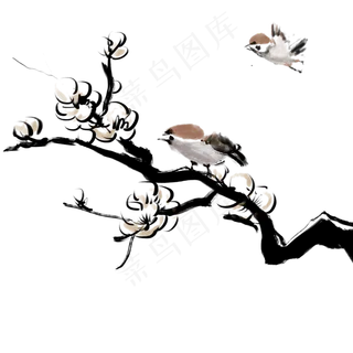 传统花鸟画水墨桃花,免抠元素