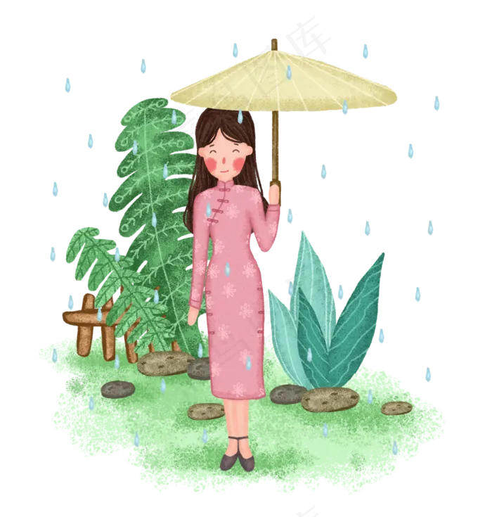 清明节下雨打伞的女孩PNG免抠图
