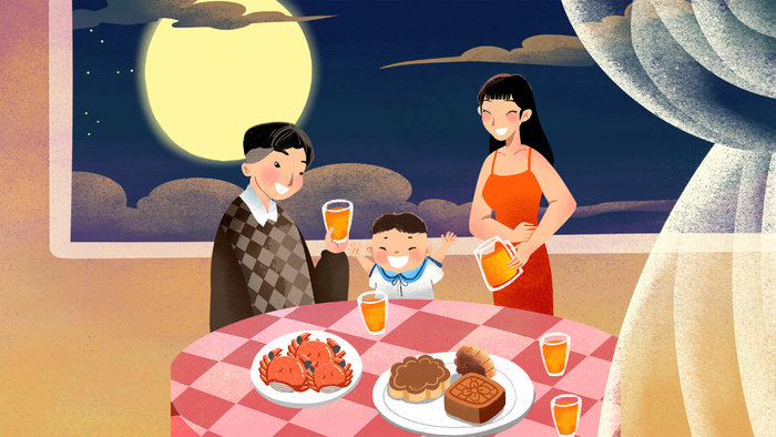 卡通手绘风中秋团圆饭配图