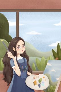 女孩春天画画郊外写生风景游玩