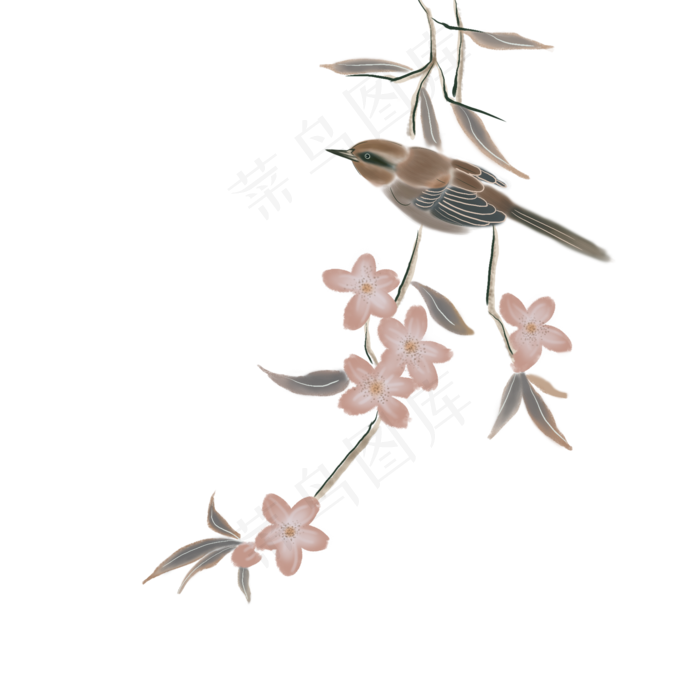 中国风粉色工笔装饰手绘花鸟,免抠元素