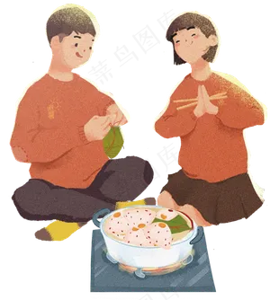 两个在吃粽子的男孩