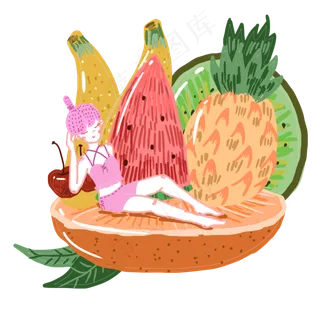 手绘水果少女设计元素