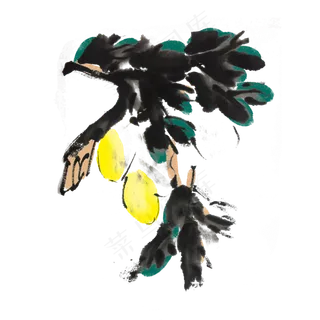 夏天水墨柠檬树手绘水墨风