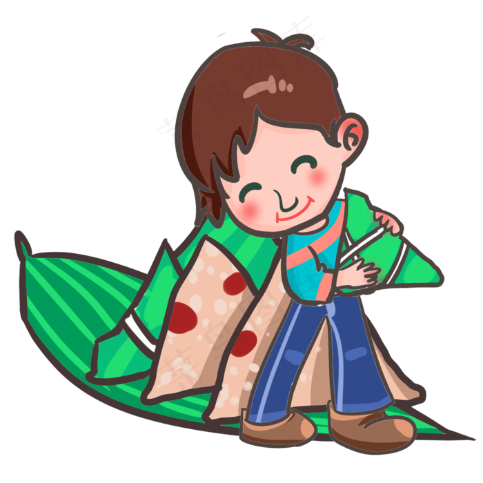 端午节吃粽子的男孩手绘插画