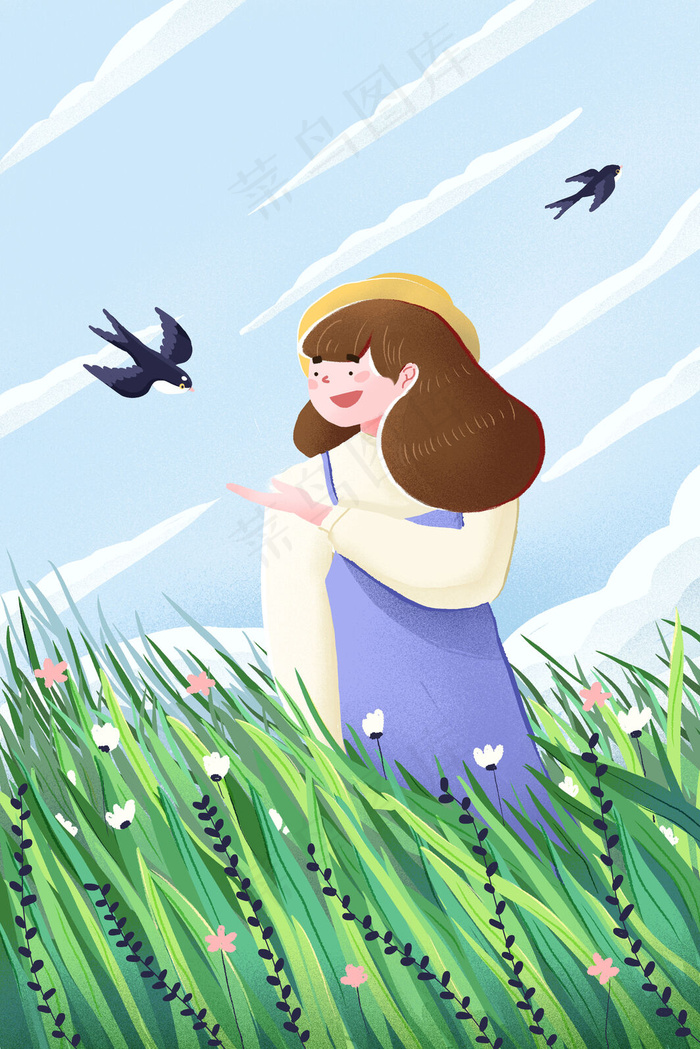 春天你好独自郊游插画