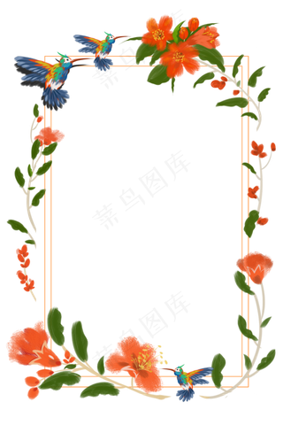 春夏彩色蜂鸟石榴花方形边框