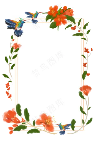 春夏彩色蜂鸟石榴花方形边框