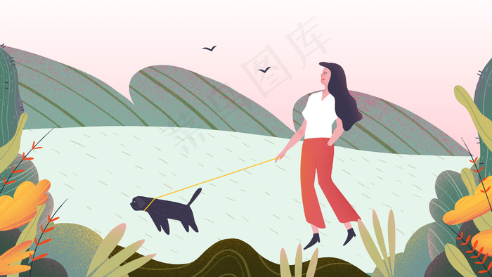 夏天出游大自然的女孩和小狗