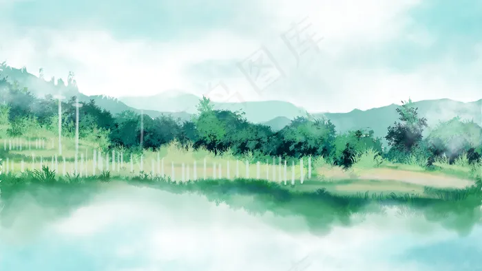 夏天湖畔意境风景画(2880*1620px 300 dpi )