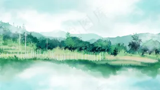 夏天湖畔意境风景画