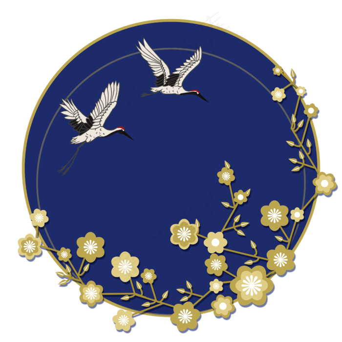 仙鹤丹顶鹤金色金箔梅花夜色飞翔,免抠元素(2500X2500(DPI:300))psd模版下载