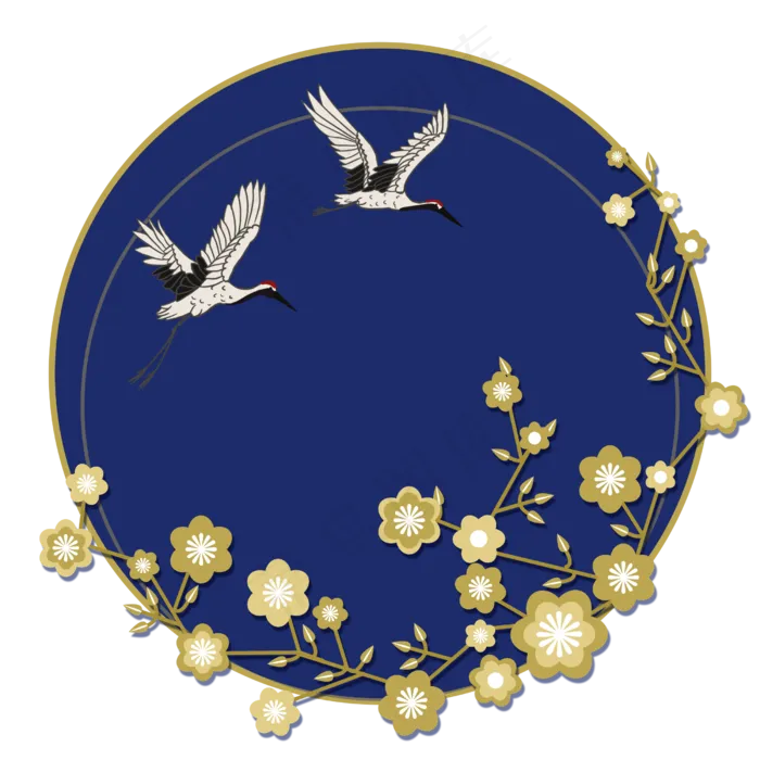 仙鹤丹顶鹤金色金箔梅花夜色飞翔,免抠元素(2500X2500(DPI:300))psd模版下载