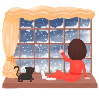 冬天冬季夜晚下雪窗前女孩猫咪赏,免抠元素