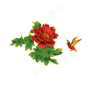 国潮牡丹花鸟装饰图,免抠元素