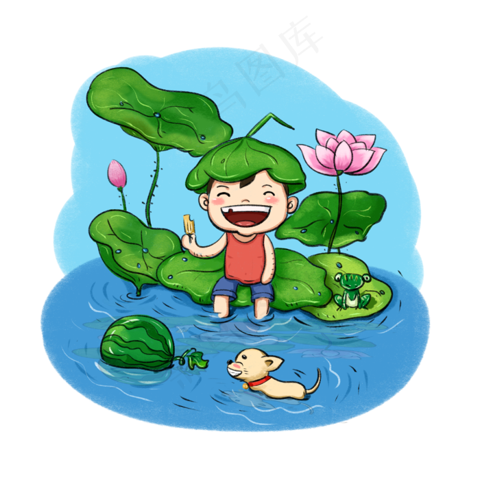 夏至清新荷花吃冰棍可爱男孩儿(3000X3000(DPI:300))psd模版下载
