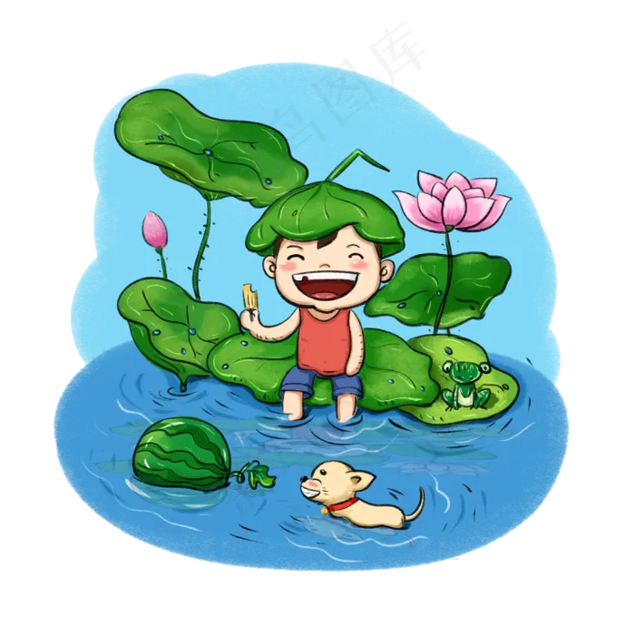 夏至清新荷花吃冰棍可爱男孩儿(3000X3000(DPI:300))psd模版下载