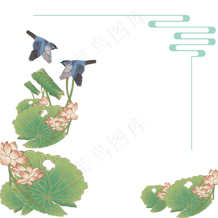 边框中国风复古荷花装饰壁画,免抠元素