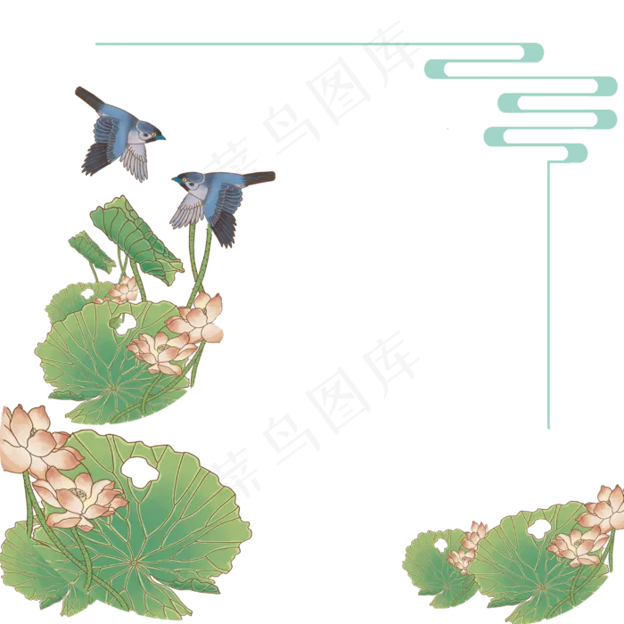边框中国风复古荷花装饰壁画,免抠元素