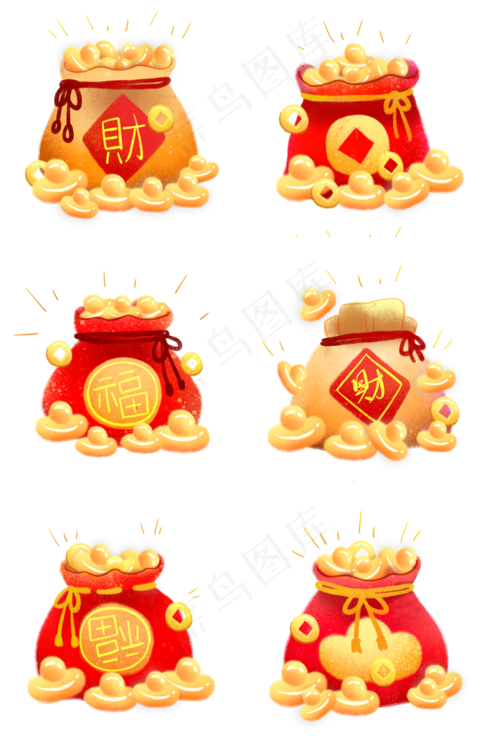 过年喜庆福袋金银满满的钱包钱袋,免抠元素