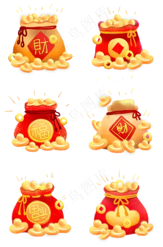 过年喜庆福袋金银满满的钱包钱袋,免抠元素