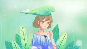 绿色唯美卡通治愈小清新夏季雨天8月配图