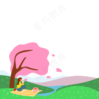 春天装饰桃花少女草地微风底框P