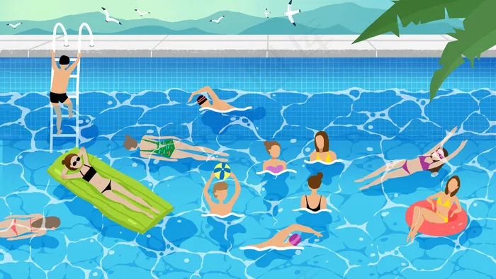 夏天泳池戏水开心玩耍(2880*1620px 300 dpi )psd模版下载