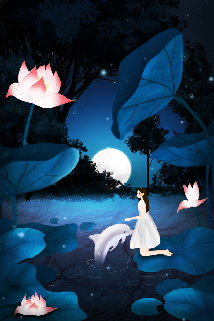 夜晚夏景荷花池摸鱼的小姑娘(3545*5315px 300 dpi )psd模版下载