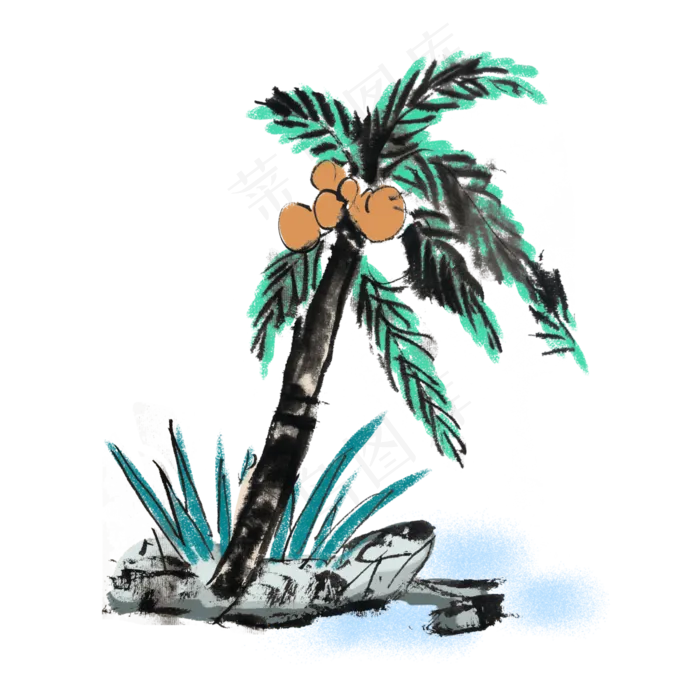 手绘水墨风椰子树(4000X4000(DPI:300))psd模版下载