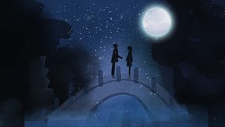 唯美星空下的情侣站在桥上相会