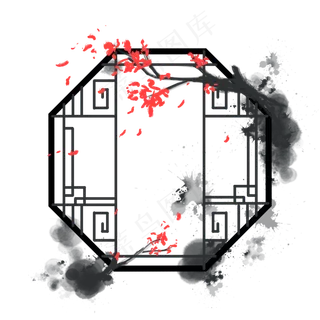 水墨风格中国风传统窗框窗户梅花,免抠元素