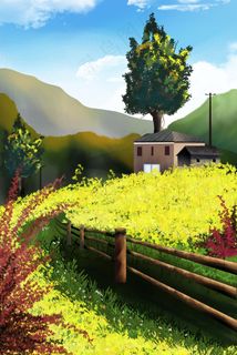 手绘风油菜花田里的小屋子