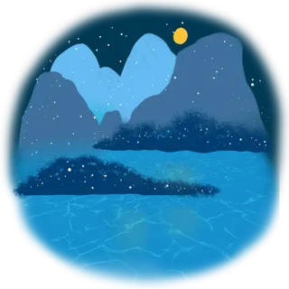 月亮与蓝色山与水