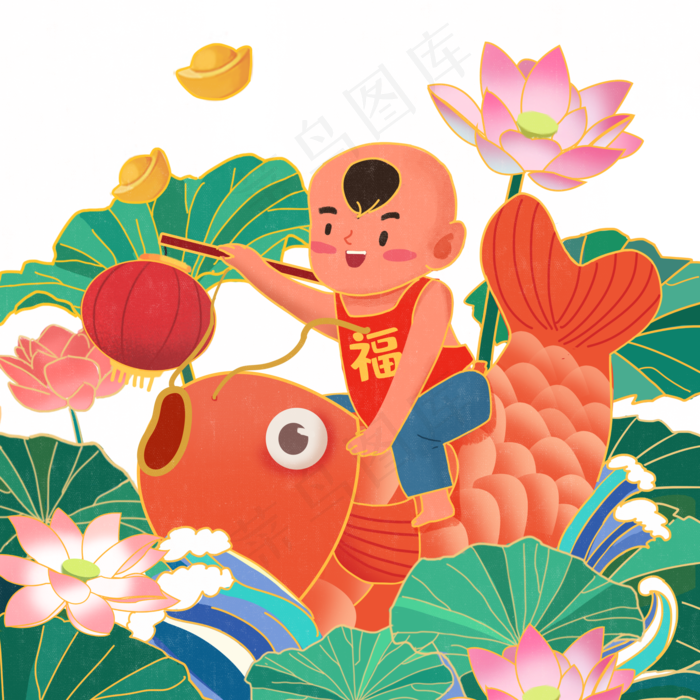 红色唯美风福娃庆祝春节