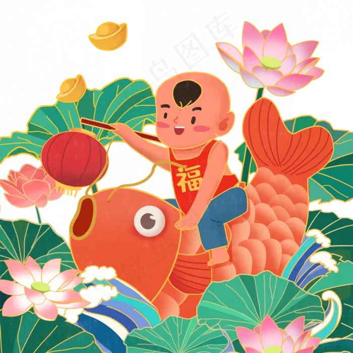 红色唯美风福娃庆祝春节(2000X2000(DPI:300))psd模版下载