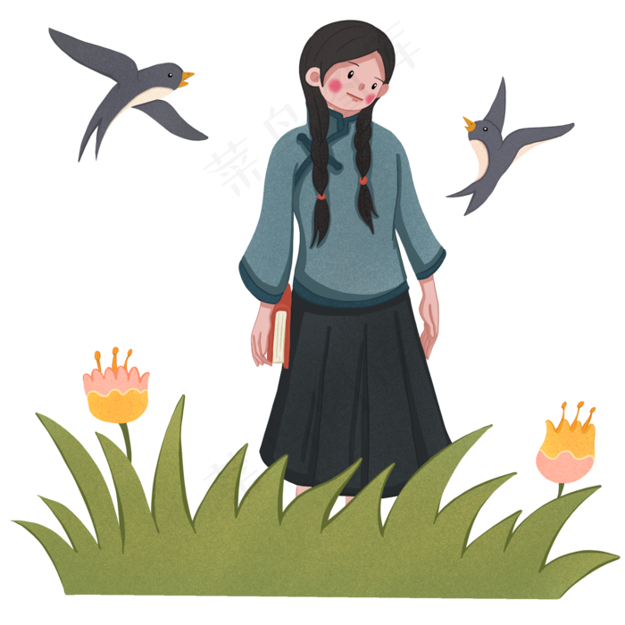 青年节民国青年少女和燕子