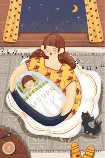 夜晚卡通可爱母亲节妈妈唱儿歌哄孩子睡觉配 夜晚卡通可爱母亲节妈妈唱儿歌哄孩子睡觉配