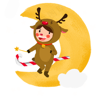 圣诞节手绘卡通人物圣诞麋鹿小朋,免抠元素