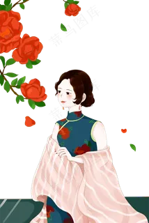 民国风唯美美人赏玫瑰