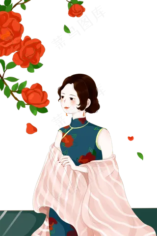 民国风唯美美人赏玫瑰