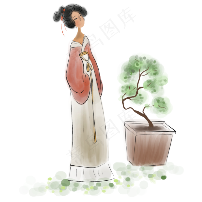 水墨古代仕女和盆景,免抠元素