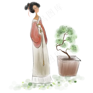 水墨古代仕女和盆景,免抠元素