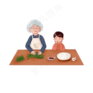 端午节家人一起包粽子手绘PNG